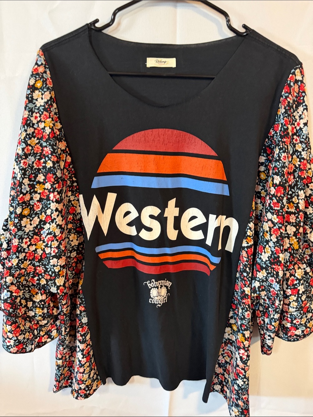 Custom Upcycle Revamped Design Co Black Graphic Tunic with Floral Sleeves